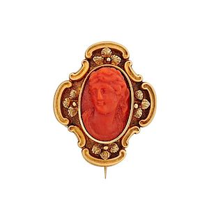 CARVED CORAL & YELLOW GOLD CAMEO BROOCH