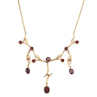 GARNET, SEED PEARL & YELLOW GOLD DROP NECKLACE