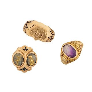 THREE VICTORIAN AMETHYST OR YELLOW GOLD JEWELS