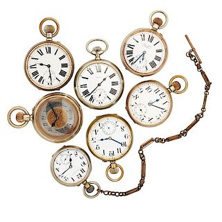SEVEN LARGE METAL, OPEN FACE SWISS POCKET WATCHES