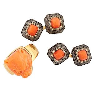 GENTLEMAN’S CARVED CORAL & YELLOW GOLD OR SILVER JEWELRY