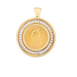 1890 SOVEREIGN COIN YELLOW GOLD & DIAMOND PENDANT