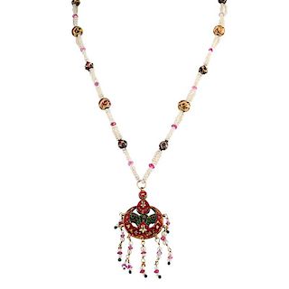 INDIAN GILT SILVER, PEARL, RUBY & GEM NECKLACE