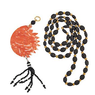 CORAL, ONYX & YELLOW GOLD SUN & MOON NECKLACE