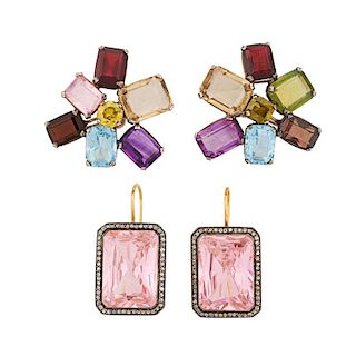 TWO PAIRS OF COLORFUL GEM-SET EARRINGS