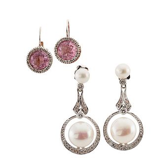 TWO PAIRS GEM-SET WHITE GOLD EARRINGS