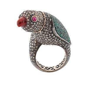 DIAMOND, RUBY, EMERALD & SILVER PARROT RING