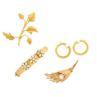 FIVE PIECES OF GEM-SET OR YELLOW GOLD JEWELRY