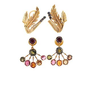 TWO PAIRS OF GEM-SET & YELLOW GOLD EARRINGS
