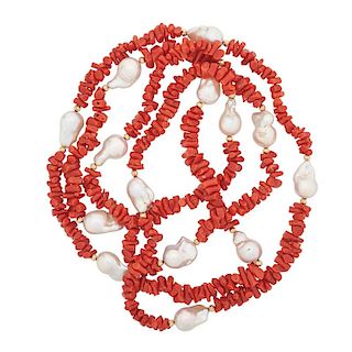 CORAL, PEARL & YELLOW GOLD NECKLACE