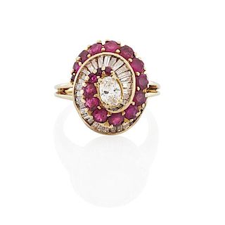 OVAL DIAMOND & RUBY SWIRLING CLUSTER RING