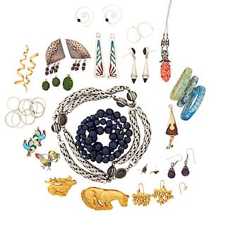 45 PIECES JEWELRY, INCL. GOLD, SILVER, HARDSTONE