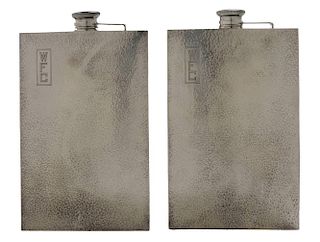 Pair Large Sterling Flasks, Leather