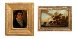 Two Small Oil Paintings: a Portrait and Country Scene.