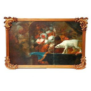 Squirrel and Dog with Flowers, in Ornate Frame.