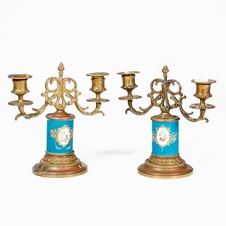 Pair of Porcelain and Brass Candlesticks.