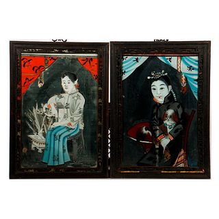 Pair of Asian Reverse Mirror Paintings of Two Ladies.