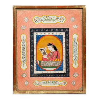Indian Miniature of a Beauty with a Mirror.