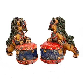 Pair of Polychrome Wucai Style Ceramic Fu Dogs.