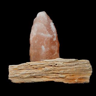 Petrified Wood Fragment and Himalayan Salt Crystal Lamp.