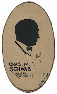 [Schwab, Charles] Silhouette of Charles M. Schwab Cut by Dai Vernon. [New York], 1925. Oval scissor-cut profile portrait of Schwab in tuxedo, cut at t