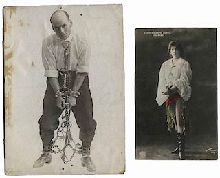 [Escape Artists] Collection of Photos, Postcards, and a Throw-Out Card. Circa 1910s Ð 40s. Eight pieces, including portraits of Joseph Kolar and Earl