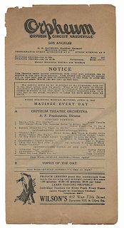 Houdini, Harry. Orpheum Vaudeville Program Featuring Houdini. Los Angeles, 1923. Bi-fold program for week of April 2, Houdini listed as the eighth fea