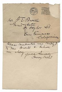 Kellar, Harry. Autograph letter, signed from magician Harry Kellar to F.E. Powell. Dated August 21, 1917, Kellar writes to the man who would succeed h