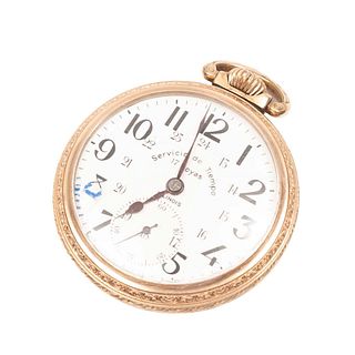 Reloj de bolsillo Servicio del Tiempo. Movimiento manual. Caja circular en acero dorado de 50 mm. Carátula color blanco.