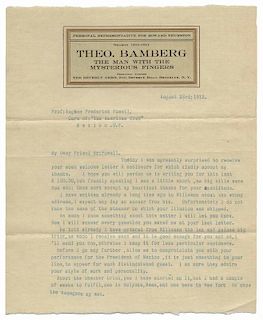 Okito (Tobias Bamberg). Three-page TLS from Okito to F.E. Powell. Dated August 23, 1912, and filled with good content, Okito writes to his fellow magi