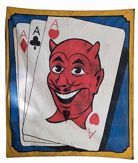 Four Aces and Devil's Head. Magic Show Banner. American, ca. 1960s. Vintage hand-painted canvas banner depicting a devil's head on a hand of four aces