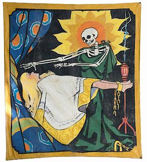 Skeleton Levitating a Woman. Magic Show Banner. American, ca. 1960s. Vintage hand-painted canvas banner depicting a skeleton-magician performing a lev