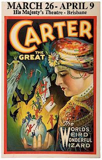 Carter, Charles. Carter The Great. World's Weird Wonderful Wizard. Cleveland: Otis Litho, ca. 1926. Color lithograph window card (14 x 22Ó) showing a