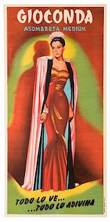 Asombrosa Medium. Todo Lo VeÉ Todo Lo Adivina. Graficas Valencia, ca. 1940s. Color lithograph panel depicting the medium Gioconda in evening dress an
