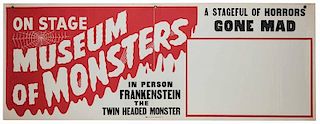 Spook Show Banner. Museum of Monsters. Central Show Ptg., ca. 1950s. Two panels, printed in red and black, with original brass grommets for hanging. 2