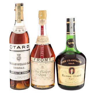 Lote de Cognac. a) Fromy. b) Baron de Otard. c) Otard. En presentraciones de 750 ml. Total de piezas: 3.
