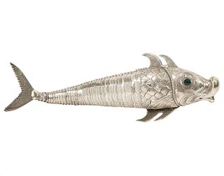 Large Spanish Silver Articulated Fish Spice Box