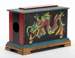 New Wonder Silk Cabby. Los Angeles: F.G. Thayer, ca. 1940. Wooden cabinet (7 _ x 5 x 3 _") on raised feet, stencil-painted in colors with dragons, in 