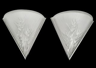 Pr. Lalique 'Haliconia' Crystal Wall Sconces