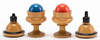Passe Passe Ball Vases. German, ca. 1930. A red and blue ball resting in separate turned wooden vases magically transpose from one container to the ot