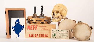 Collection of Spook Show Tricks. Including hinged Spirit Slates; Daylight SŽance Gimmick; miscellaneous tambourines and bells; spirit-rapping device;
