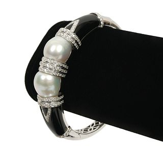 Diamond, Onyx & Pearl 18K WG Bangle Bracelet
