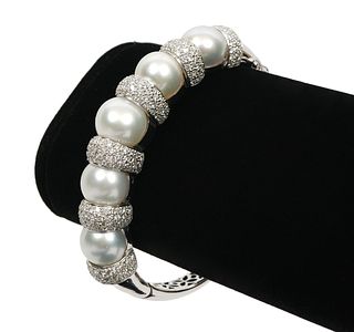 Diamond, White Pearl & 18K WG Bangle Bracelet