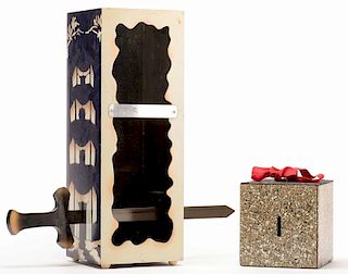 Visible Vampire. MAK Magic (U.F. Grant), ca. 1980s. Sturdy stencil-painted wooden tube with block and sword. The block is lifted out by its chain even