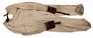 Vintage Strait Jacket/ Punishment Suit. American, third or fourth quarter twentieth century. Full-length cloth/burlap suit with leather straps and met