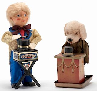 Two Vintage Wind-Up Magician Toys. Including Triksie Magician Dog (Japan, ca. 1950) lacking the left arm, who turns an egg into a live chicken, making
