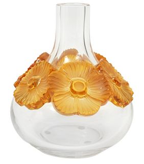 Lalique Crystal Atossa Vase with Amber Flowers