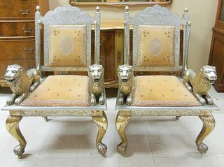 Pair of Silver Gilded Maharaja Throne Chairs.