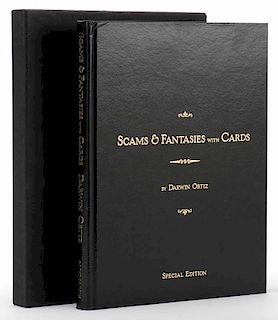 Ortiz, Darwin. Scams & Fantasies with Cards. Np., 2002. Publisher's black leather, stamped in gold. Illustrated. 4to. Number 9 of a limited edition of