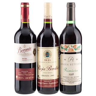 Vinos Tintos de España. a) Beronia. b) Abadia Retuerta. c) Rioja Bordón. Total de piezas: 3.